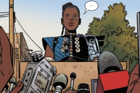 Shuri giving interview in Comics